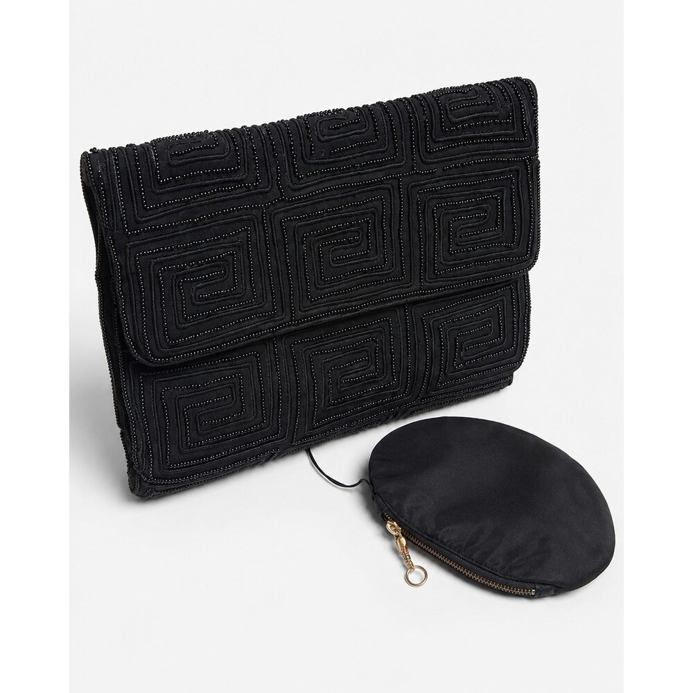 Vintage Koret Black Beaded Evening Clutch Purse Geometric Art Deco Coin Pouch